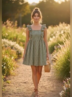 Wild fable Green & Yellow Gingham Ruffle Strap baby doll Dress